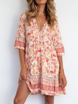 Boho Frill Sleeve Shift Cotton-Blend Dress