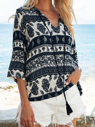 Purplish Blue Tribal Vintage V Neck Shift Top