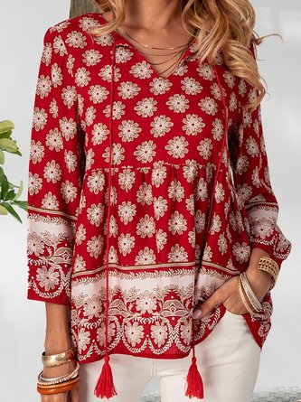 Red Gathered 3/4 Sleeve Boho Top