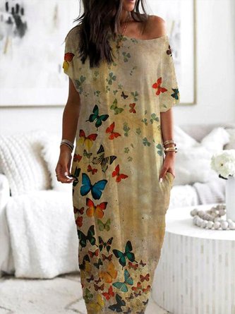 Casual Short Sleeve Shift Butterfly Dress