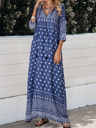 V Neck Blue Boho Maxi Dress