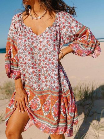Boho Printed 3/4 Sleeve V Neck Dresses