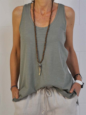 Solid Cotton-Blend Sleeveless Crew Neck Casual Top