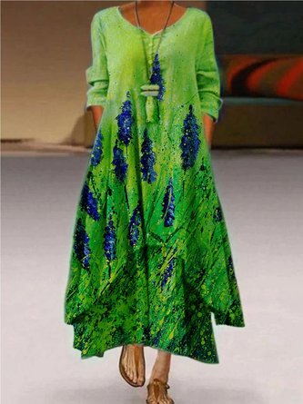 Casual Crew Neck Printed 3/4 Sleeve Dress