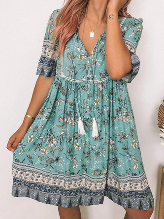 V Neck Short Sleeve Cotton-Blend Casual Dress