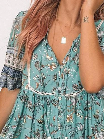 V Neck Short Sleeve Cotton-Blend Casual Dress