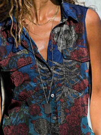 Fashion Lapel Floral Print Sleeveless Shirt