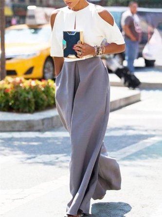 Vintage Plain Color-block Plus Size Short Sleeve Casual Jumpsuits