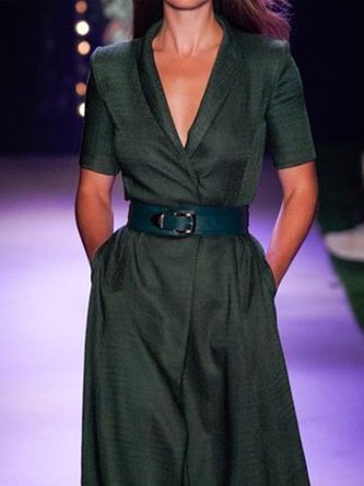 Vintage Plain Plus Size Short Sleeve V Neck Casual Dress