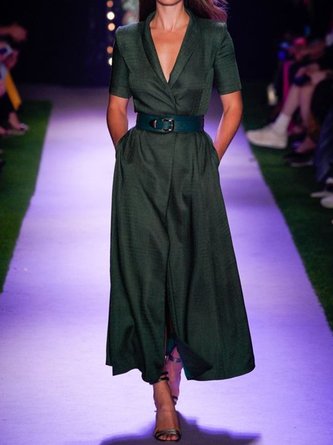 Vintage Plain Plus Size Short Sleeve V Neck Casual Dress