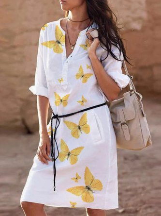 Half Sleeve V Neck Cotton-Blend Dress