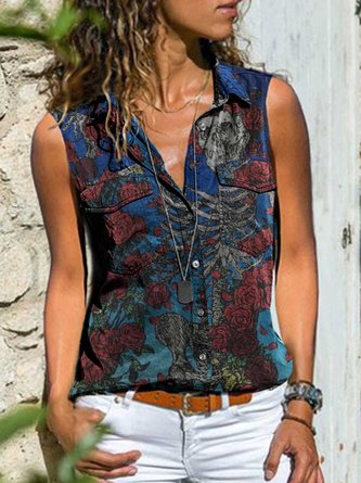 Fashion Lapel Floral Print Sleeveless Shirt