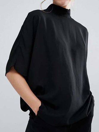 Casual Short Sleeve Turtleneck Solid Top