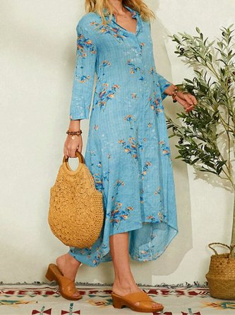 3/4 Sleeve Shirt Collar Casual Floral Dress