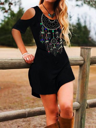 Crew Neck Printed Basic Polyester Cotton Dress