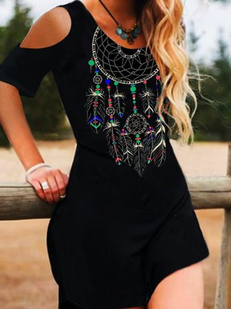 Crew Neck Printed Basic Polyester Cotton Dress