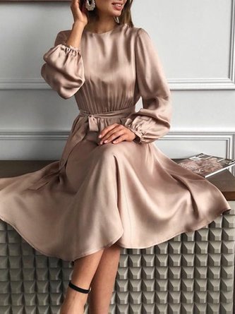 Crew Neck A-Line Long Sleeve Vintage Dress