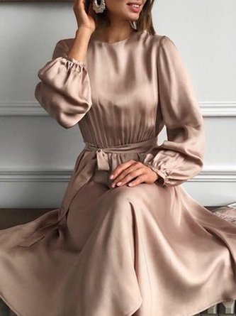 Crew Neck A-Line Long Sleeve Vintage Dress