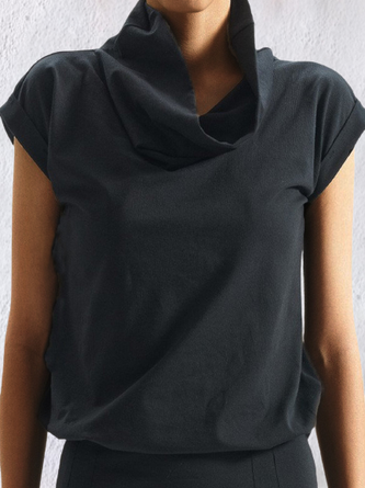 Vintage Plain Statement Plus Size Short Sleeves Stand Collar Casual Tops