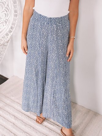 Casual Blue Leopard Printed Flowy Wide-legged Elasticated Waistband Pants