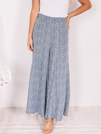 Casual Blue Leopard Printed Flowy Wide-legged Elasticated Waistband Pants