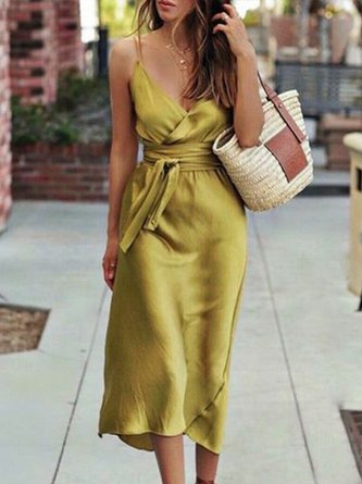 V Neck Vintage Plain Midi Dress