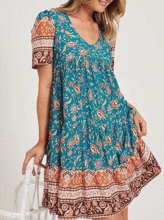 Holiday Printed Floral Crew Neck Dress