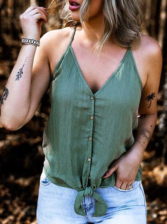 Casual V-neck Strap Solid Color Top