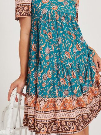 Holiday Printed Floral Crew Neck Dress