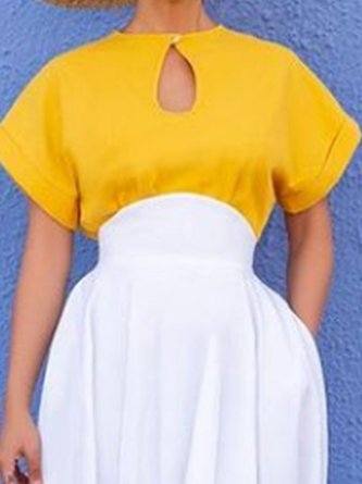 A-Line Short Sleeve Color-Block Elegant Dress