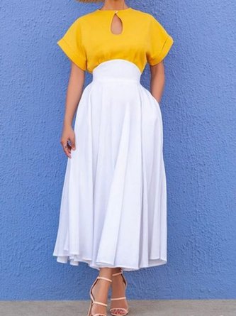 A-Line Short Sleeve Color-Block Elegant Dress