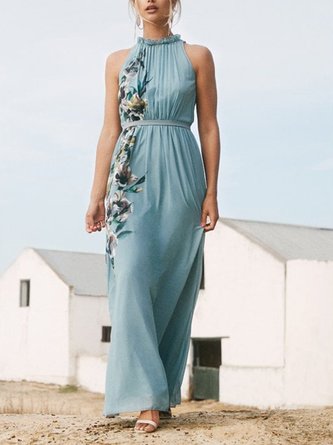 Halter Romantic Floral Holiday Sleeveless Dress
