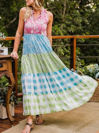 V Neck Sleeveless Holiday Printed Dress