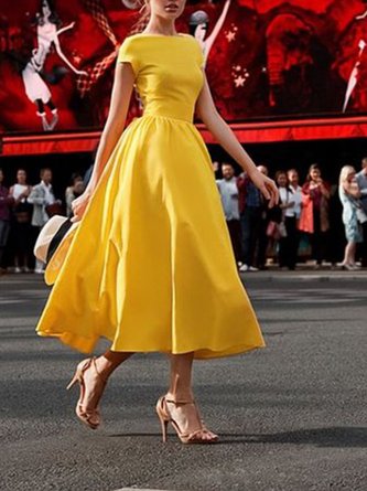 Short Sleeve Crew Neck Evening Plain Dress