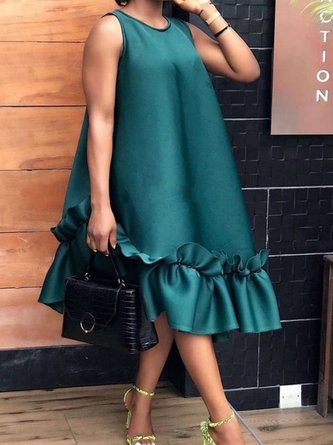 Crew Neck Vintage Plain Dress