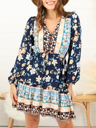 Floral V Neck Long Sleeve Dress