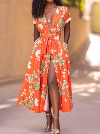 Floral Short Sleeve Printed V Neck Midi Dress