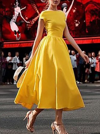 Short Sleeve Crew Neck Evening Plain Dress