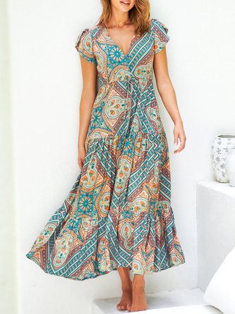 V Neck Holiday Short Sleeve Dress