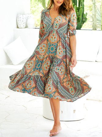 Half Sleeve V Neck Tribal Dress