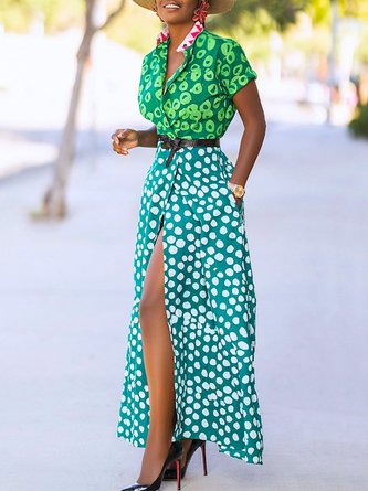 Polka Dots Short Sleeve Printed Holiday Dress