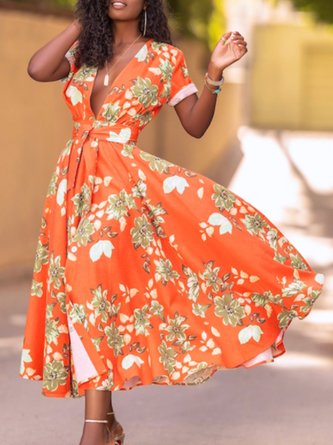 Floral Short Sleeve Printed V Neck Midi Dress