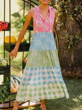 V Neck Sleeveless Holiday Printed Dress