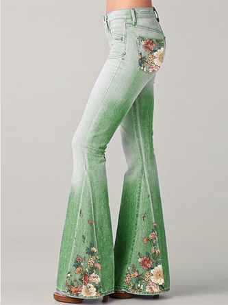 Green  Floral Denim Jeans