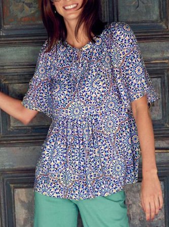 Floral Crew Neck Short Sleeve Casual Top