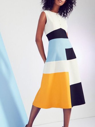 Geometric A-Line Color Block Midi Dress