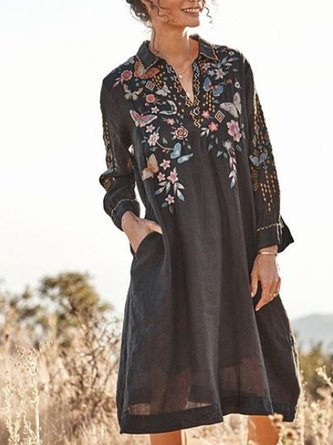 Long Sleeve Printed Shirt Collar Dress