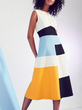 Geometric A-Line Color Block Midi Dress