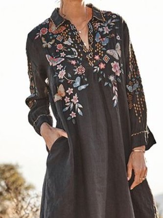Long Sleeve Printed Shirt Collar Dress