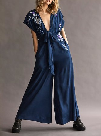 V Neck Casual Floral Jumpsuit